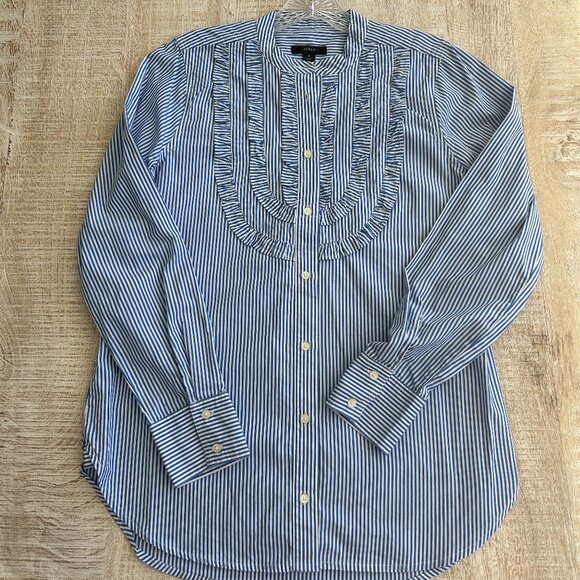J. Crew blue/white pin-stripe pleated ruffle bib button down top blouse Sz small - Picture 1 of 6